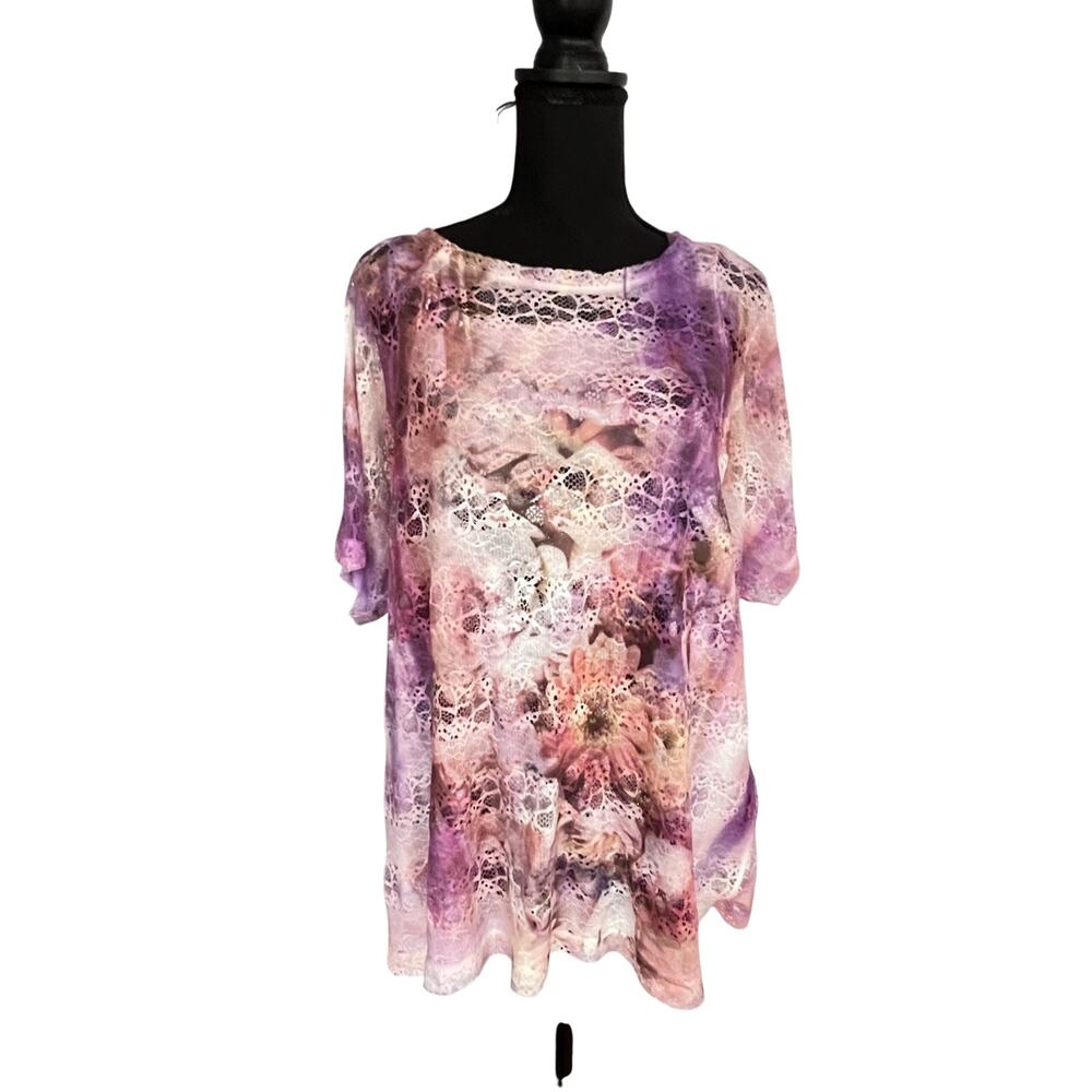 Chicos Y2K Top Large Floral Layered Lace Tank Tie Dyed Graphic XL Size 3